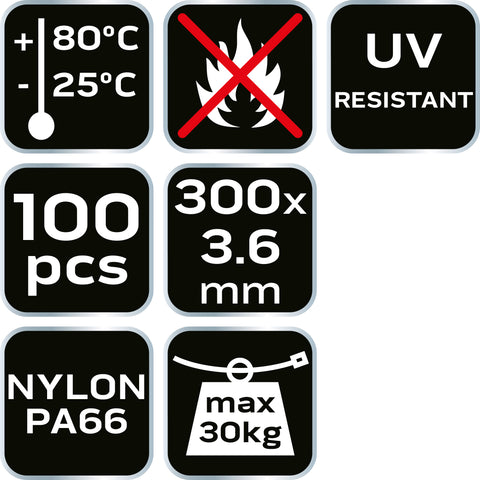 NEO TOOLS 01-630 Kábelkötegelő, gyorskötöző, EXTREME, UV álló, fekete, 3,6x300mm, 100db/cs