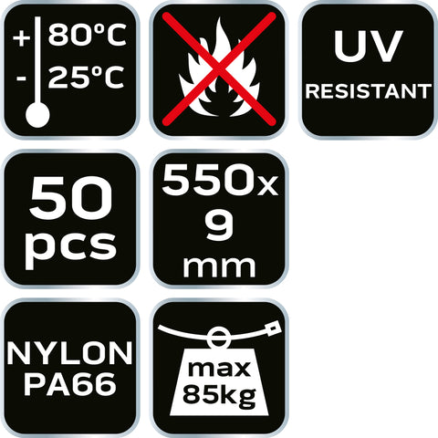 NEO TOOLS 01-643 Kábelkötegelő, gyorskötöző, EXTREME, UV álló, fekete, 9,0x550mm, 50db/cs