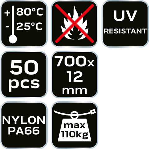 NEO TOOLS 01-645 Kábelkötegelő, gyorskötöző, EXTREME, UV álló, fekete, 12x700mm, 50db/cs