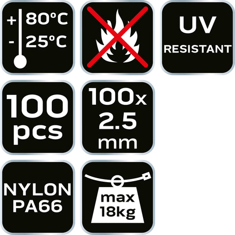 NEO TOOLS 01-647 Kábelkötegelő, gyorskötöző, EXTREME, UV álló, fehér, 2,5x100mm, 100db/cs