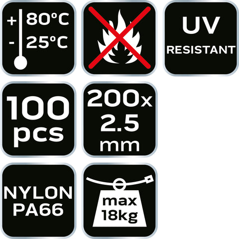 NEO TOOLS 01-650 Kábelkötegelő, gyorskötöző, EXTREME, UV álló, fehér, 2,5x200mm, 100db/cs