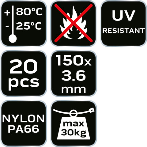 NEO TOOLS 01-651 Kábelkötegelő, gyorskötöző, EXTREME, UV álló, fehér, 3,6x150mm, 20db/cs