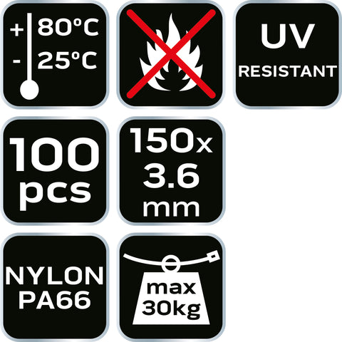 NEO TOOLS 01-652 Kábelkötegelő, gyorskötöző, EXTREME, UV álló, fehér, 3,6x150mm, 100db/cs