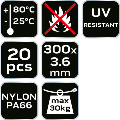 NEO TOOLS 01-655 Kábelkötegelő, gyorskötöző, EXTREME, UV álló, fehér, 3,6x300mm, 20db/cs