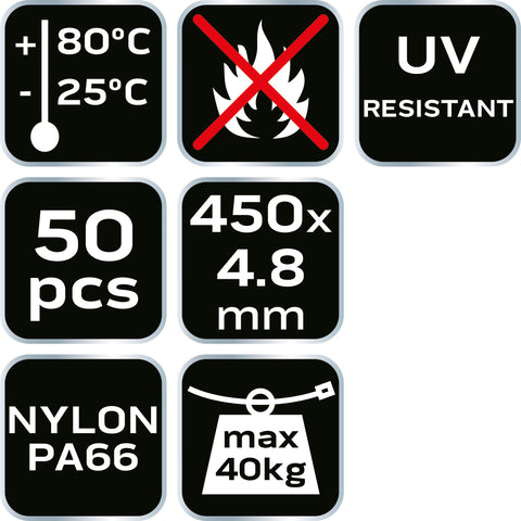 NEO TOOLS 01-663 Kábelkötegelő, gyorskötöző, EXTREME, UV álló, fehér, 4,8x450mm, 50db/cs