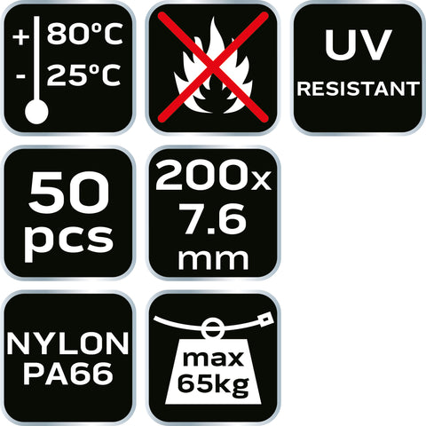 NEO TOOLS 01-664 Kábelkötegelő, gyorskötöző, EXTREME, UV álló, fehér, 7,6x200mm, 50db/cs