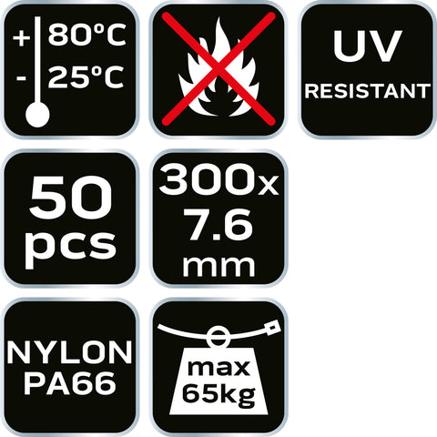 NEO TOOLS 01-665 Kábelkötegelő, gyorskötöző, EXTREME, UV álló, fehér, 7,6x300mm, 50db/cs