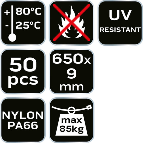 NEO TOOLS 01-670 Kábelkötegelő, gyorskötöző, EXTREME, UV álló, fehér, 9,0x650mm, 50db/cs