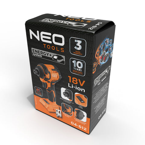 NEO TOOLS 04-612 Akkus szénkefementes ütvecsavarozó 1/4"(hatszög), Energy+, 18v, 300nm, akku nélkül!
