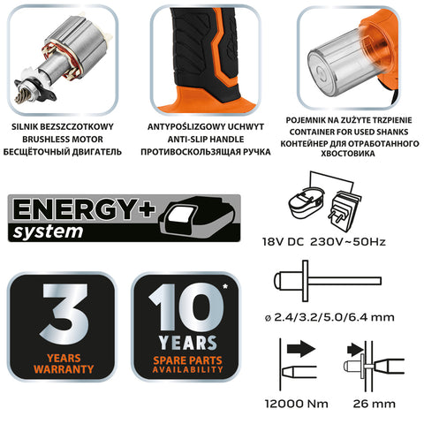 NEO TOOLS 04-617 Akkus popszegecshúzó, Energy+, 18V, szegecsátmérő 2,4-6-4mm, húzóerő 12000 N