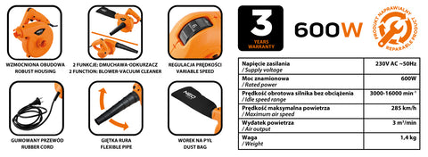 Lombfúvó és portalanító gép szívó funkcióval, gyűjtőzsákkal,  600W, 285km/óra légsbesség