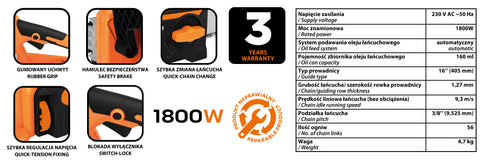 Elektromos láncfűrész, 1800W, 40cm-es láncvezető, szerszám nélküli láncfeszítés és csere