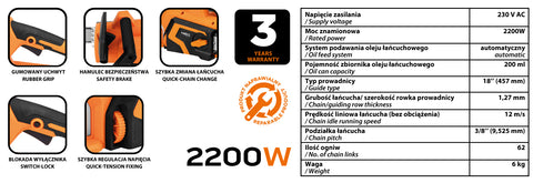 Elektromos láncfűrész, 2200W, 45cm-es láncvezető, szerszám nélküli láncfeszítés és csere