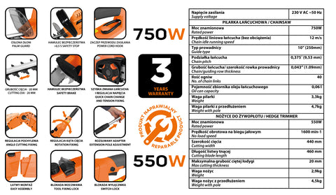 Magassági láncfűrész és sövényvágó 2 az 1-ben, 750W/250mm / 550W/460mm, teleszkópos szár max: 267cm