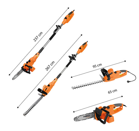 Magassági láncfűrész és sövényvágó 2 az 1-ben, 750W/250mm / 550W/460mm, teleszkópos szár max: 267cm