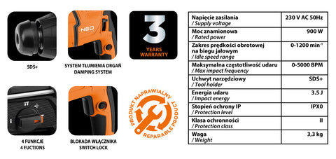 Fúrókalapács vésőfunkcióval 900W / 3.5J, SDS Plus, tartozékokkal