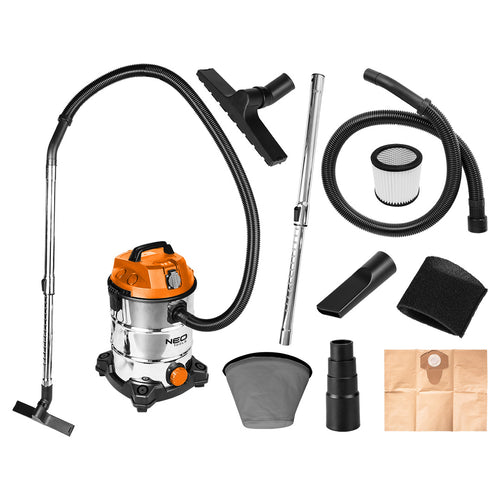 NEO TOOLS 04-738 Száraz/vizes ipari porszívó, 1400W/18KPa, 30l-es inox tartály, gépcsatlakozó aljzat, komplett tartozékszett