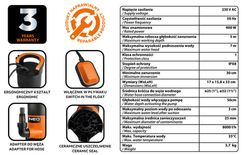 Szennyvízszivattyú, műanyag házas, 400W, 8000L/óra