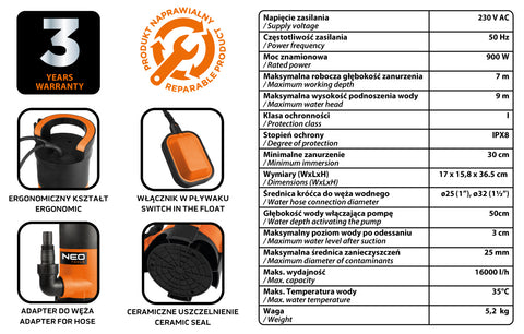 Szennyvízszivattyú, műanyag házas, 900W, 16000L/óra