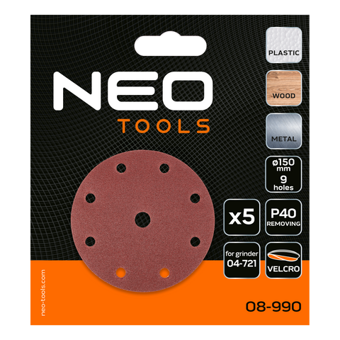 NEO TOOLS 08-990 Csiszolókorong tépőzáras 150 mm, P40, 9 lyukkal, 5db 04-721-hez