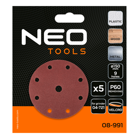 NEO TOOLS 08-991 Csiszolókorong tépőzáras 150 mm, P60, 9 lyukkal, 5db 04-721-hez