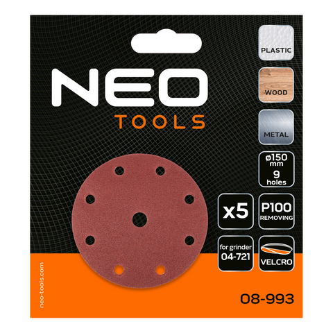 NEO TOOLS 08-993 Csiszolókorong tépőzáras 150 mm, P100, 9 lyukkal, 5db 04-721-hez