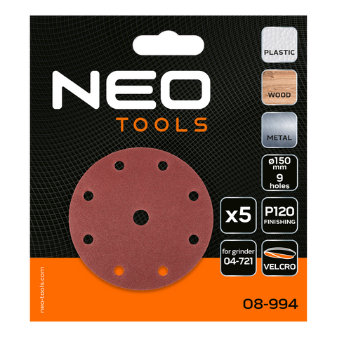 NEO TOOLS 08-994 Csiszolókorong tépőzáras 150 mm, P120, 9 lyukkal, 5db 04-721-hez
