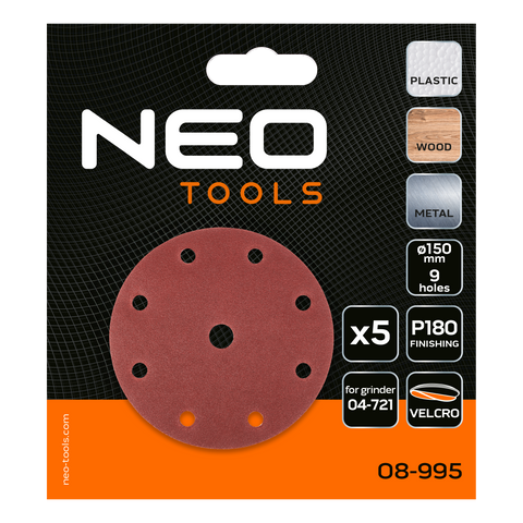 NEO TOOLS 08-995 Csiszolókorong tépőzáras 150 mm, P180, 9 lyukkal, 5db 04-721-hez