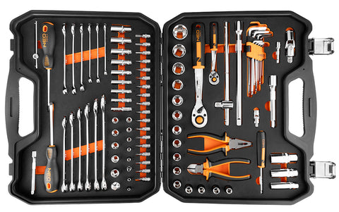 Szerszám és dugókulcs készlet, 1/4", 1/2", EVA habszivacs, műanyag koffer, 96db