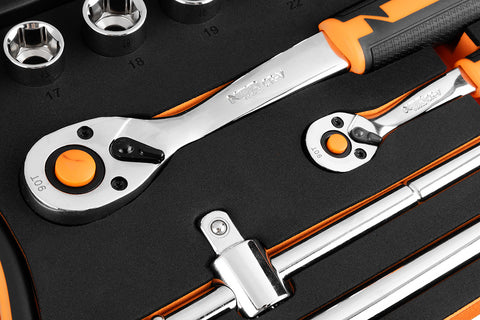 Szerszám és dugókulcs készlet, 1/4", 1/2", EVA habszivacs, műanyag koffer, 96db