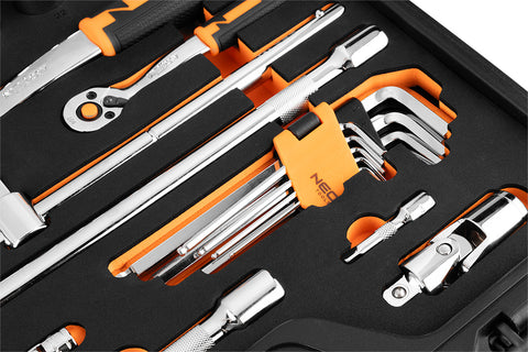 Szerszám és dugókulcs készlet, 1/4", 1/2", EVA habszivacs, műanyag koffer, 96db