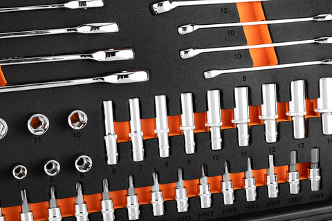 Szerszám és dugókulcs készlet, 1/4", 1/2", EVA habszivacs, műanyag koffer, 96db