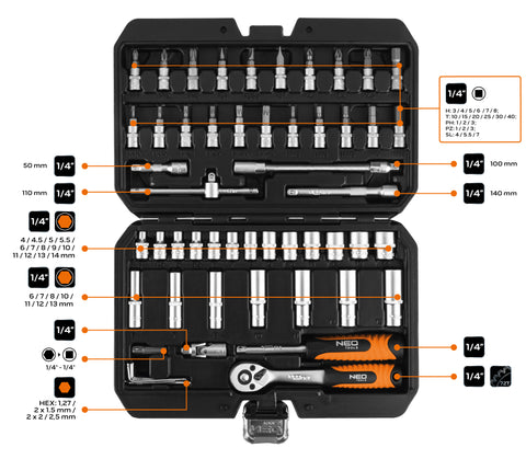 Dugókulcs és bit készlet, 1/4", matt felület, 55db