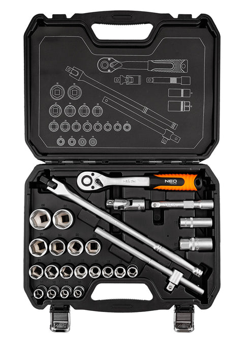 Dugókulcs és hajtószár készlet, matt felület, 25 db