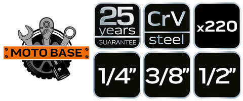 Dugókulcskészlet 1/2", 3/8", 1/4", 220db