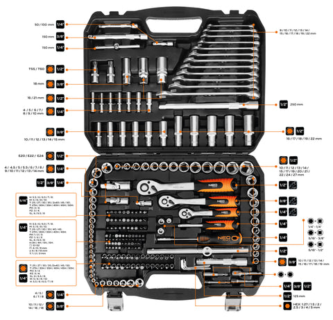 Dugókulcskészlet 1/2", 3/8", 1/4", 220db