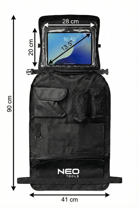 Autós rendszerezőfal, első ülés háttámlára, tablet tartóval, zsebekkel, poliészter, 90x41cm
