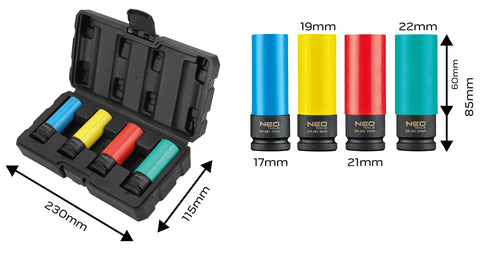 Dugókulcskészlet alufelnihez, vékonyfalú, 1/2", 4db (17, 19, 21, 22mm), CRMO