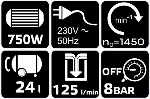 Kompresszor, 24L, 8 bar, 125l/perc, extra csendes, kefementes motorral, olajmentes, 80db
