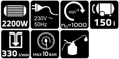 Kompresszor 150L, 10bar, 330L/perc, 2 csatlakozó, 2 nyomásmérő, olajkenésű