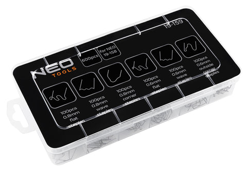 NEO TOOLS 19-159 Műanyagjavító kapocs készlet 19-158-hoz, fém, 6 tipus 100-100db