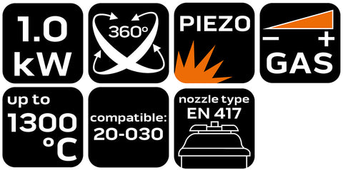 Gázforrasztó, gázégő fej, réz, csavaros, 227g palackhoz, pisztolymarkolat, piezo, gázszabályzó szelep, 360°