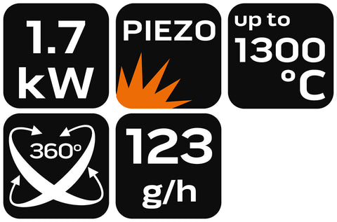 Gázforrasztó, gázégő, 190g-os palackhoz, piezó gyújtással, 360 fokos működés