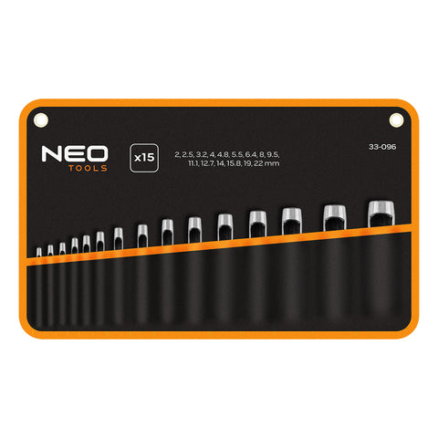 Bőrlyukasztó készlet, szénacél, 15db-os, 2-22mm, oxfordszövet tok