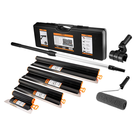 Felületsimító glettelő készlet, adapter teleszkópos nyél gletthenger, 25/35/45/60cm, műanyag kofferben
