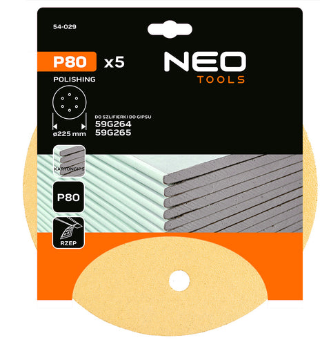 Csiszolókorong tépőzáras 225mm, K80, 6 lyukas, 59G264, 59G265 csiszológéphez, 5db, NEO TOOLS
