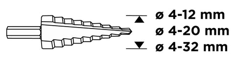 Lépcsős fúró készlet, 3db-os, HSS-titán, 4-12mm, 4-20mm, 4-32mm