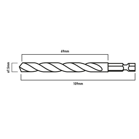 Csigafúró, 1/4" hatszög szárral, HSS DIN338, 7.5mm, 2db