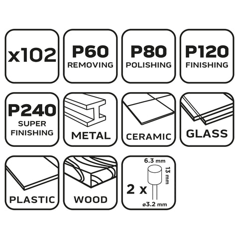 Csiszolóhüvely 6.3mm, K60, K80, K120, K240, készlet 100db + szár 3.2mm, 2db