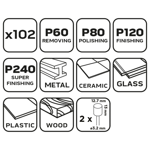 Csiszolóhüvely 12.7mm, K60, K80, K120, K240, készlet 100db + szár 3.2mm, 2db